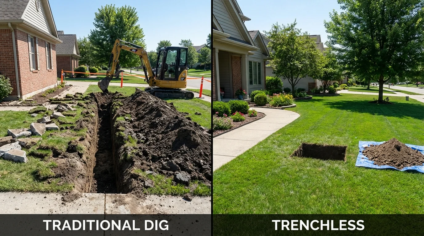 Trenchless sewer repair with minimal yard damage versus traditional excavation in Garrett, IN